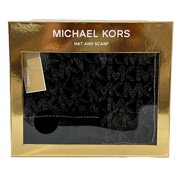 Michael Kors 2 Piece Set Hat and Scarf Black and Gold MK Logo NIB MSRP $98 - Picture 1 of 7